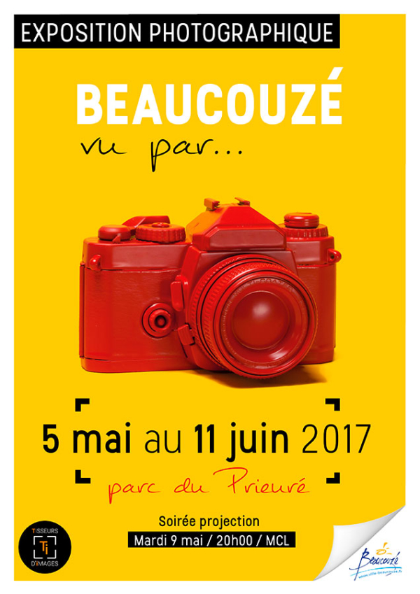 Affiche exposition Beaucouzé vu par... un appatreil argentique rouge sur un fond jaune du 5 mai au 11 juin 2017